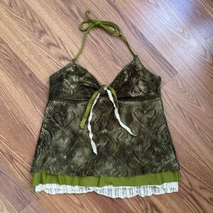 Lucky Brand Olive Green Halter Tankini / Y2K Boho Swim Top – Medium